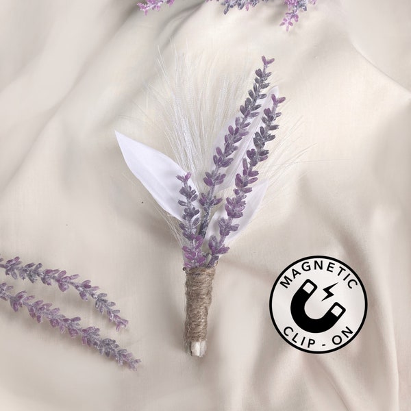 Lavendel-Boutonniere, magnetische Hochzeits-Boutonniere, violette Farbe, minimalistische Hochzeit, lila Boutonniere, einfache Trauzeugen-Boutonniere, Boho-Stil