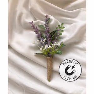 Lavender Boutonniere, Magnetic Wedding Boutonniere, Violet Wildflower Babys Breathe Wedding Flowers, Purple Groom & Groomsmen Boutonniere