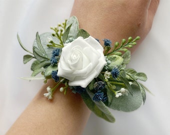 Dusty Blue + White Wrist Corsage, Blue Bridesmaid Wedding Corsage, Mother of the Groom / Bride Corsage, Grandmother Baby's Breath Wildflower