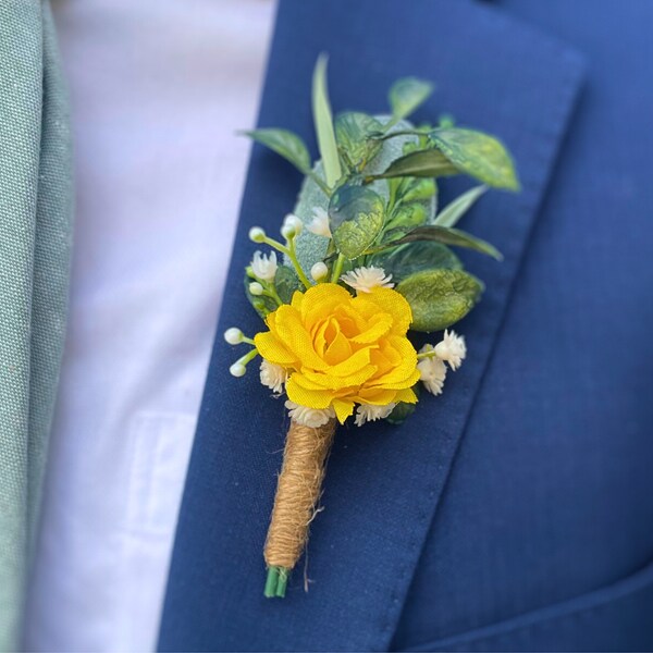 Yellow Boutonniere, Magnetic Men Wedding Boutonniere, Yellow Rose Groom Clip-On Boutonniere, Lemon Yellow and White Baby Breath Pinless Bout