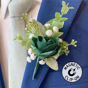 Emerald Green Rose Boutonniere, Dark Green Magnetic Men Wedding Boutonniere, Forest Green Groom Flowers, Realistic Rose Floral Boutonniere