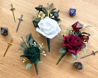 Fantasy Boutonniere,Dungeons and Dragons Polyedrische Würfel Magnetische Hochzeit Boutonniere, Schwert D&D Bräutigam Boutonniere