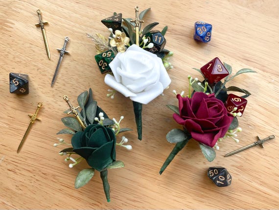 Fantasy Boutonniere, Dungeons and Dragons Polyhedral Dice Magnetic Wedding Boutonniere, Sword D&D Groom Boutonniere