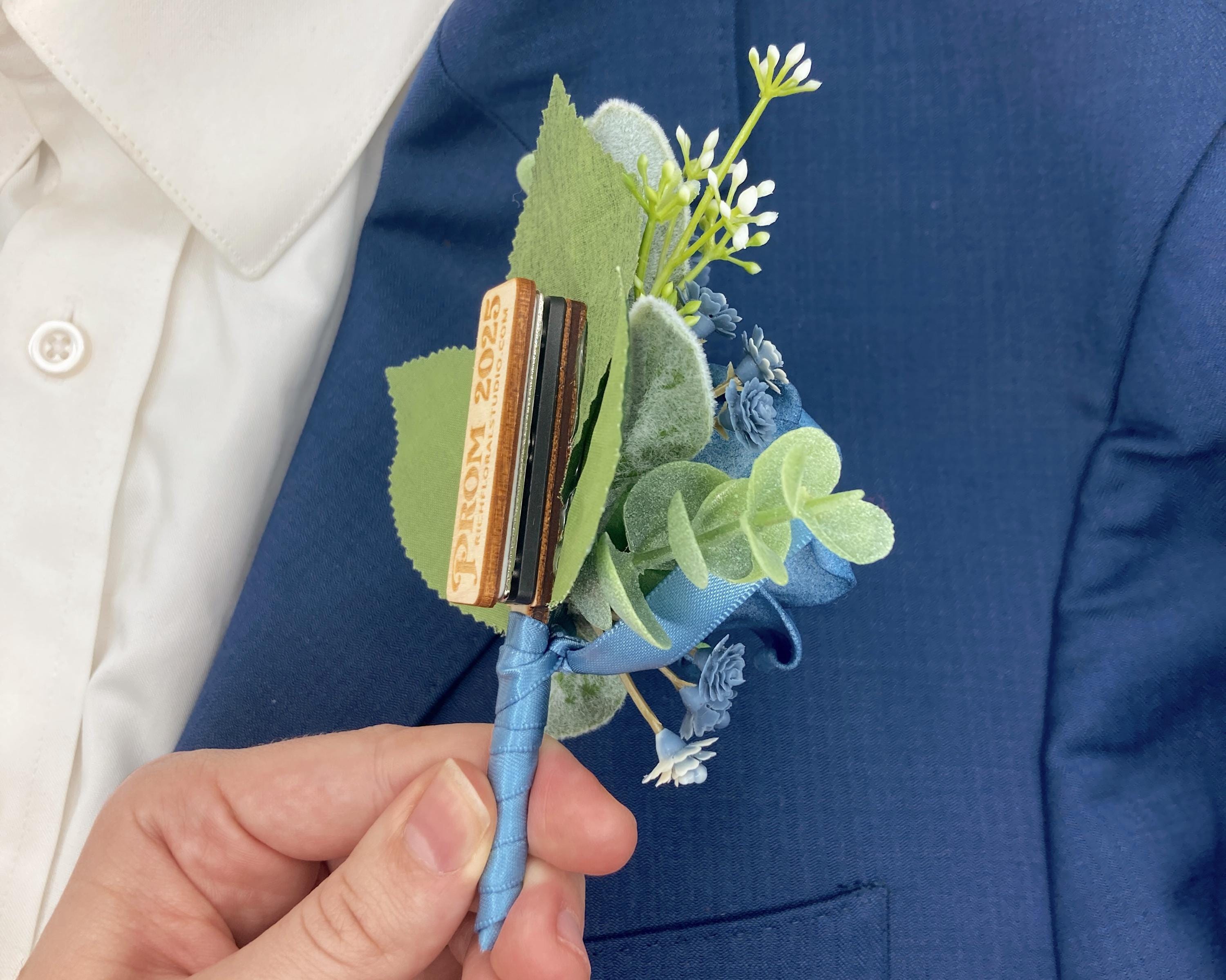 Dusty Blue Boutonniere, Blue Magnetic Wedding Boutonniere, Dark