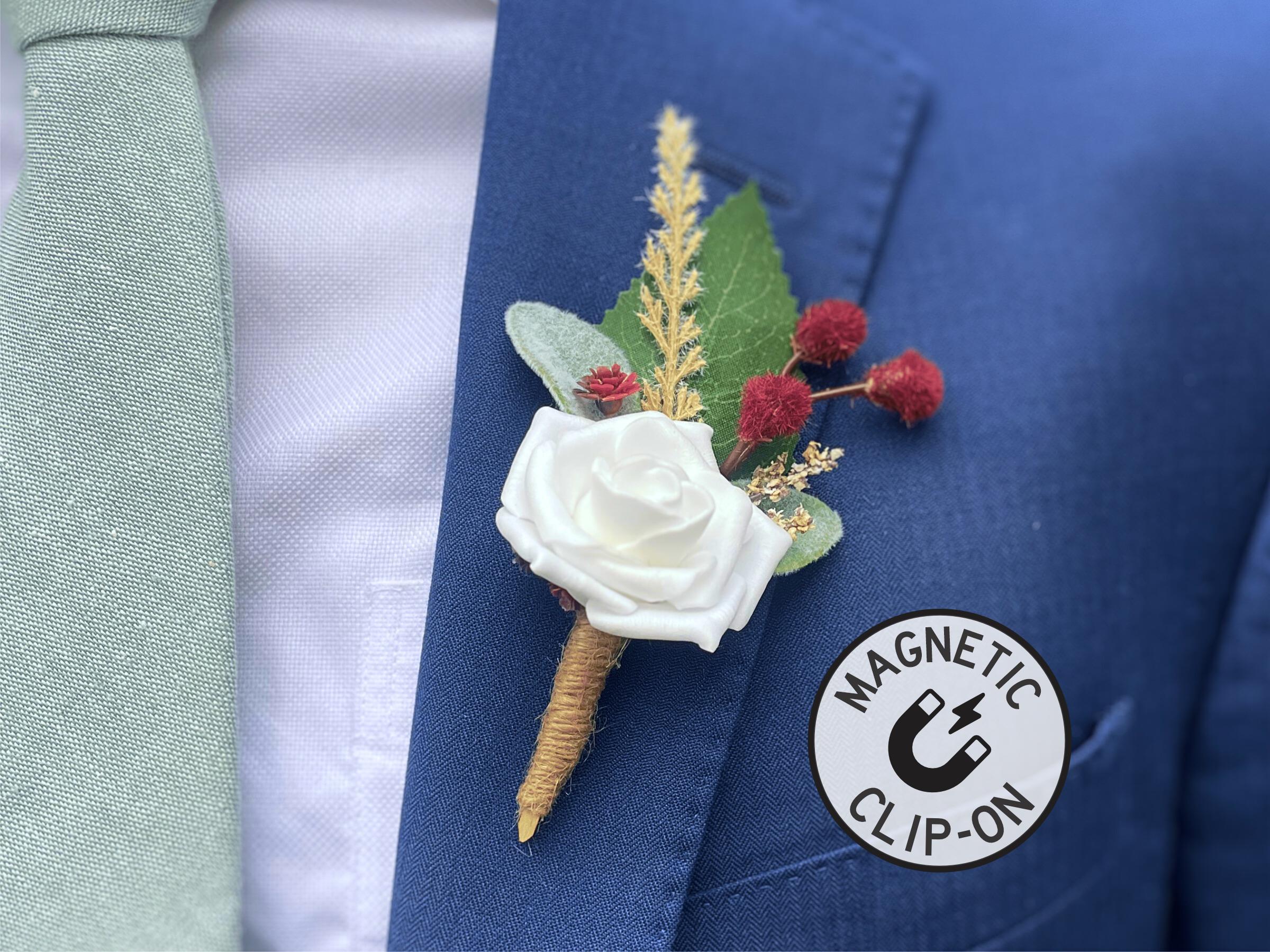 Boutonnière fleur rose bordeaux : corsage de mariage fait main pour le marié - France
