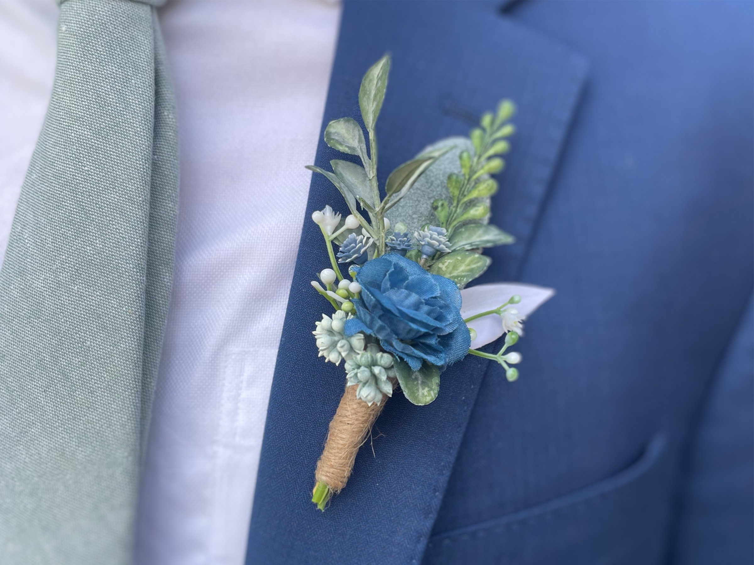 Dusty Blue Eucalyptus Boutonniere, Magnetic Mens Wedding