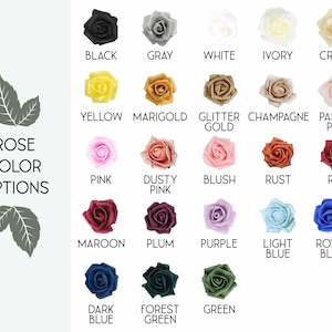 May include: A color chart displaying twenty-three artificial rose heads in various shades including black, gray, white, ivory, cream, yellow, marigold, glitter gold, champagne, pink, rust, red, maroon, plum, purple, blue, and green with text labels.