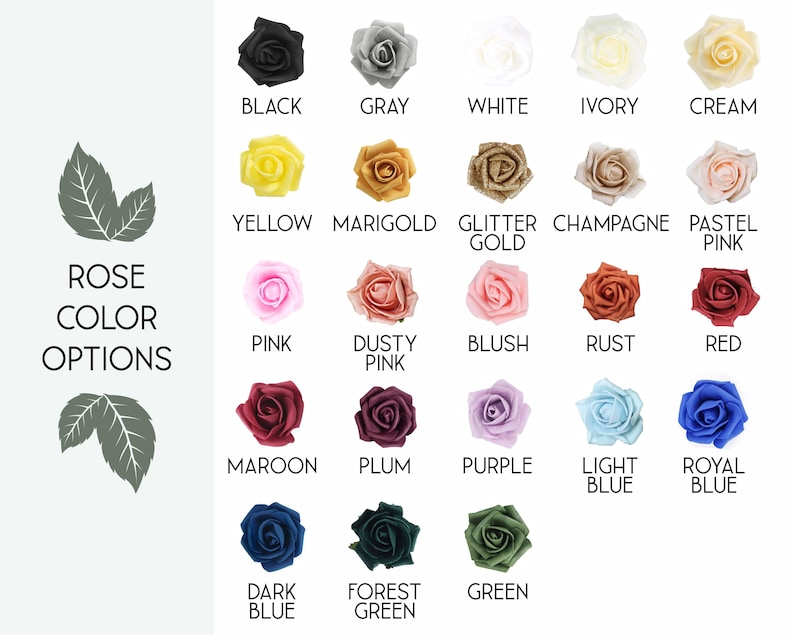 May include: A color chart displaying twenty-three artificial rose heads in various shades including black, gray, white, ivory, cream, yellow, marigold, glitter gold, champagne, pink, rust, red, maroon, plum, purple, blue, and green with text labels.