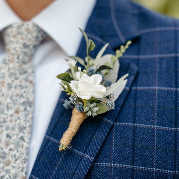 Dusty Blue + White Eucalyptus Boutonniere, Magnetic Men Wedding Boutonniere, Blue Groom Boutonniere, Spring Baby Breath Wildflower for Groom