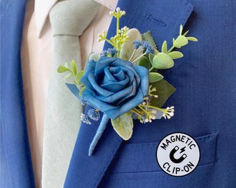 Dusty Blue Boutonniere, Blue Magnetic Wedding Boutonniere, Dark