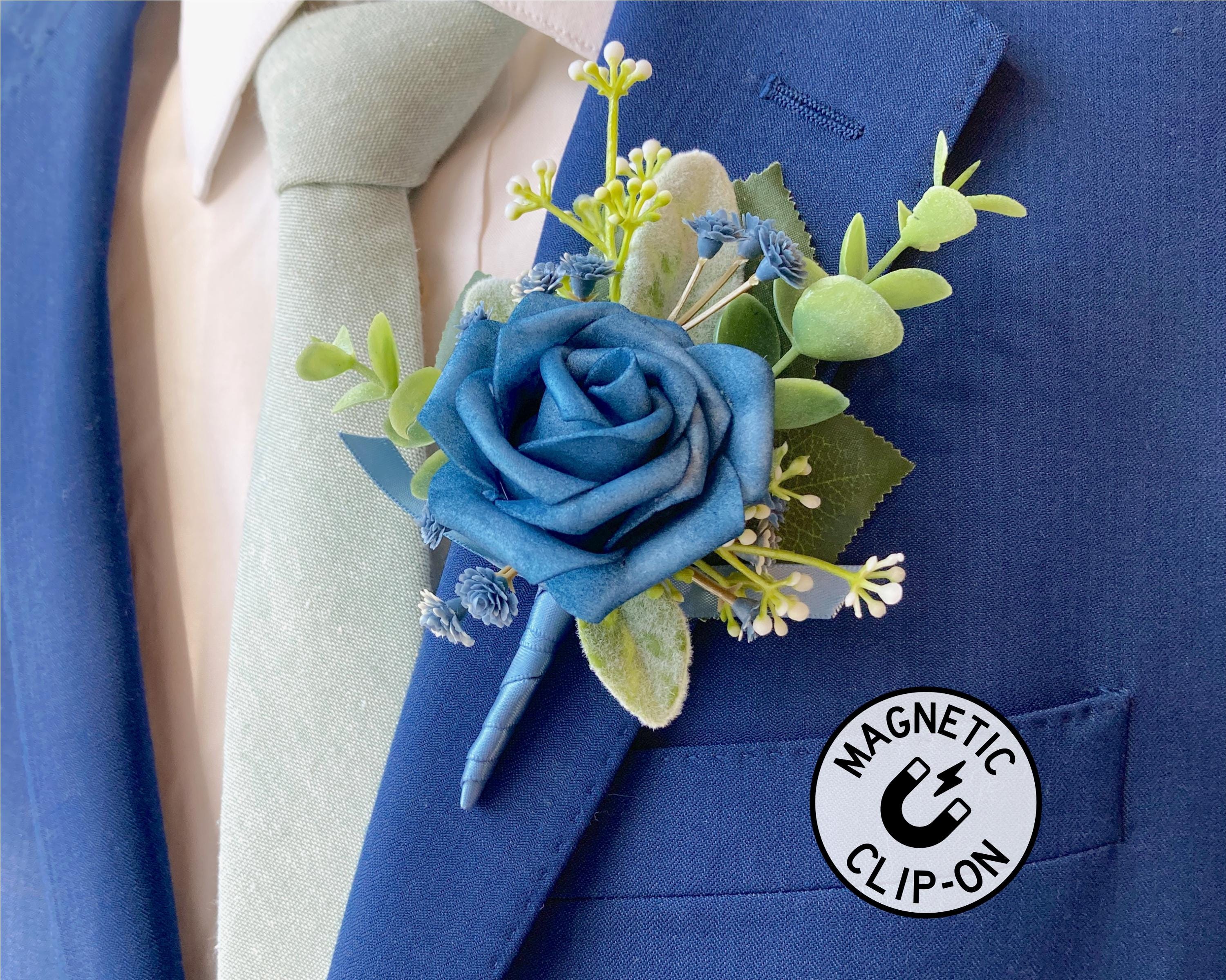 Dusty Blue Boutonniere, Blue Magnetic Wedding Boutonniere, Dark