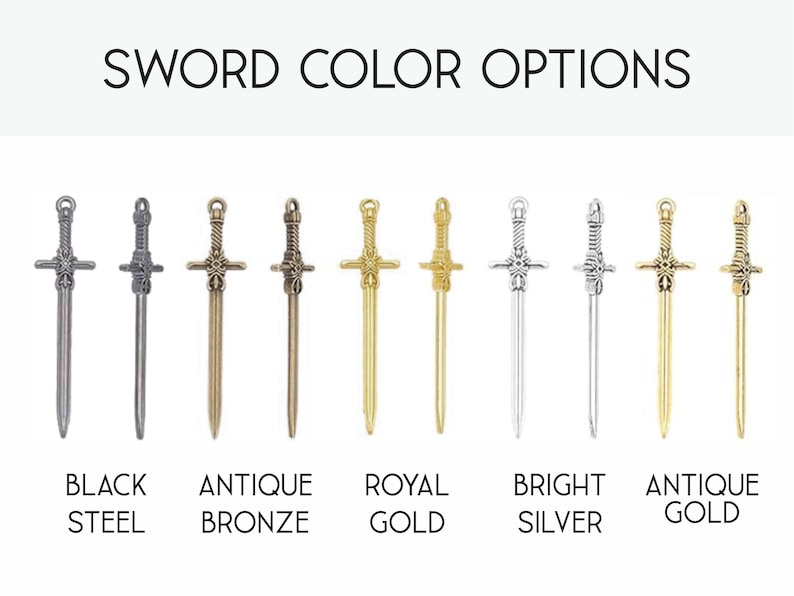 May include: A collection of ten sword charms arranged in pairs, labeled SWORD COLOR OPTIONS. The finishes include black steel, antique bronze, royal gold, bright silver, and antique gold. Each charm features a detailed hilt, crossguard, and blade.