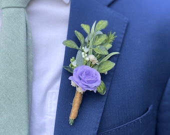 Purple Boutonniere, Magnetic Men Wedding Boutonniere, Violet Groom Clip-On Boutonniere, Lavender Rose and White Babys Breath Pinless Bout