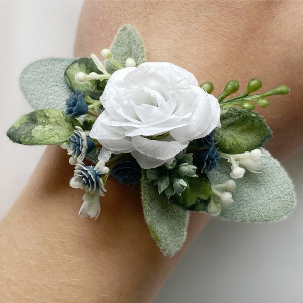 Small Dusty Blue + White Eucalyptus Child Corsage, Blue Flower Girl Wedding Corsage, Child-sized Wrist Corsage, Kid Baby's Breath Wildflower