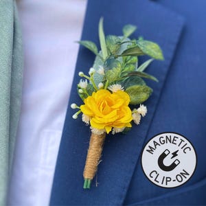 Yellow Boutonniere, Magnetic Men Wedding Boutonniere, Yellow Rose Groom Clip-On Boutonniere, Lemon Yellow and White Baby Breath Pinless Bout