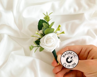 Child Size White + Green Eucalyptus Boutonniere, Small Magnetic Boys Wedding Boutonniere, Mini White Rose Ring Bearer Buttonhole, Kid Flower