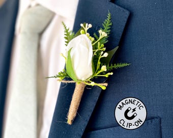 Unique White Rose Wedding Boutonniere with Silk Rose Bud, Customizable Magnetic Groom Boutonniere for Lapel with Realistic Faux Florals