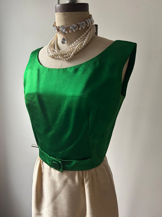 1960s Elegant Green and Cream Dress Perfect for a Hol… Gem