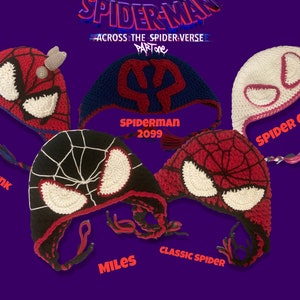 May include: A collection of handmade crochet hats inspired by the Spider-Man: Across the Spider-Verse movie. The hats feature designs for Spider-Punk, Spider-Man 2099, Spider-Gwen, Miles, and Classic Spider, with vibrant colors and character-specific details.