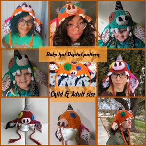 May include: A crochet pattern for a monster hat, available in child and adult sizes. The hat features a large, toothy mouth, colorful eyes, and a long tail. The pattern is available as a digital download.