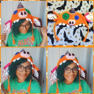 May include: A crocheted orange and brown monster hat with a long tail and large ears. The hat has a toothy grin and large eyes. The hat is being worn by three different people.