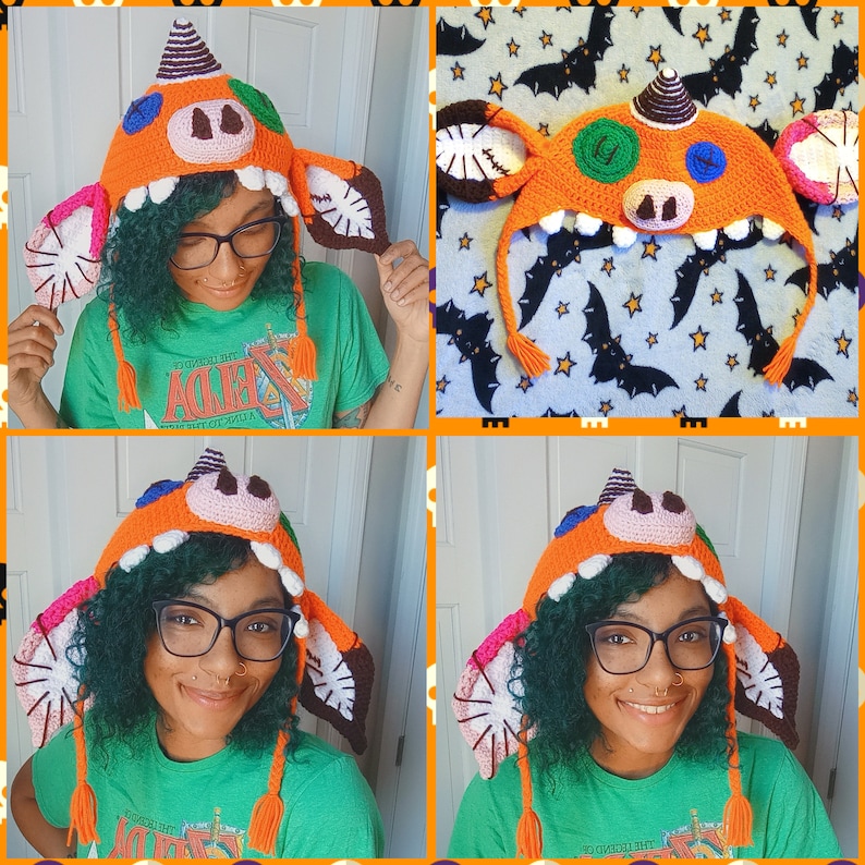 May include: A crocheted orange and brown monster hat with a long tail and large ears. The hat has a toothy grin and large eyes. The hat is being worn by three different people.