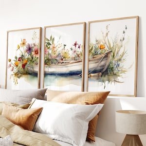 Watercolor Botanical Boat Print Set of 3, Gallery Wall Art, Floral Printable Art, Wild Flowers Art Floral Line Art, Modern Home Decor Art