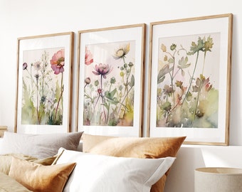 Aquarel botanische print set van 3, galerie kunst aan de muur, bloemen afdrukbare kunst, wilde bloemen kunst bloemen lijntekeningen, moderne huis decor kunst