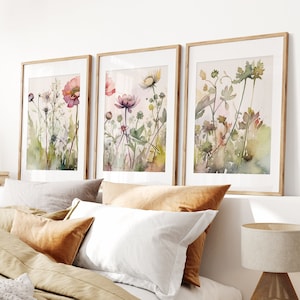 Watercolor Botanical Print Set of 3, Gallery Wall Art, Floral Printable Art, Wild Flowers Art Floral Line Art, Modern Home Decor Art