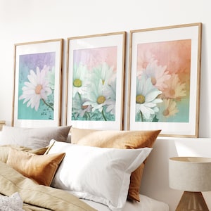 Watercolor Daisy Print Set of 3, Gallery Wall Art, Floral Printable Art, Daisy Art Floral Line Art, Modern Home Decor Art