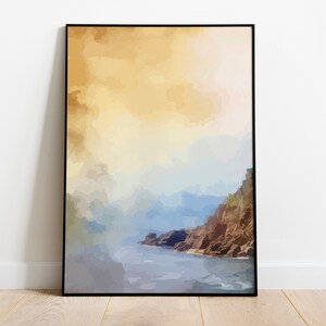 May include: Abstract painting of a landscape with a river flowing through a valley. The painting is done in shades of blue, yellow, and brown. The sky is a light yellow, and the mountains are a dark blue. The river is a light blue, and the water is rippling.