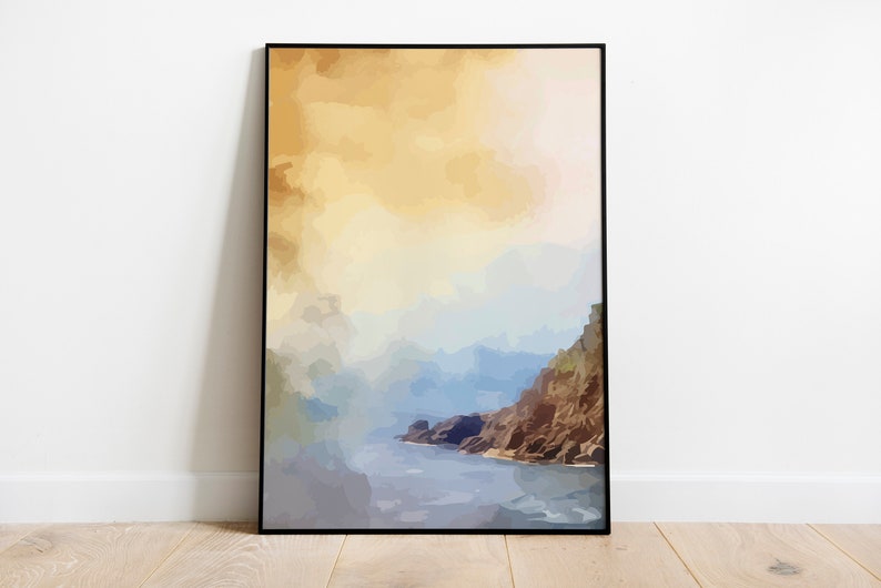 May include: Abstract painting of a landscape with a river flowing through a valley. The painting is done in shades of blue, yellow, and brown. The sky is a light yellow, and the mountains are a dark blue. The river is a light blue, and the water is rippling.