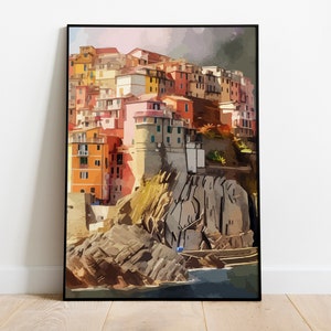 May include: A painting of a colorful village built on a rocky cliffside. The buildings are a mix of yellow, orange, red, and pink, and the cliff is a dark gray. The painting is done in a painterly style, with visible brushstrokes.
