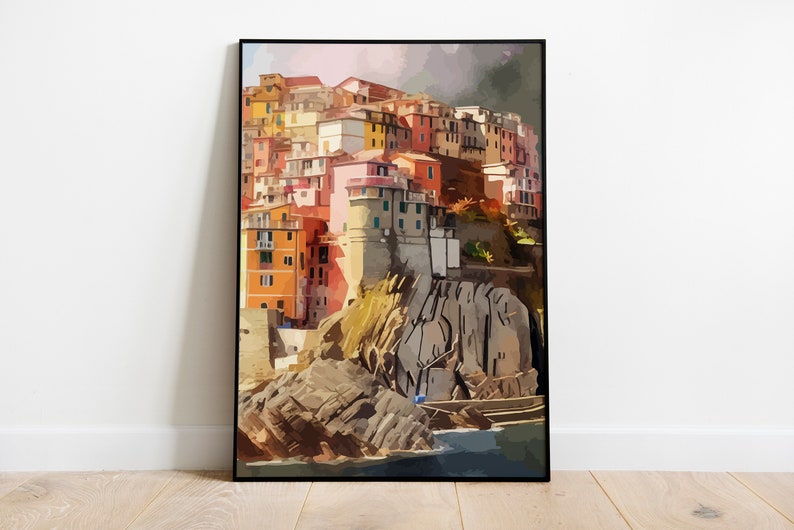 May include: A painting of a colorful village built on a rocky cliffside. The buildings are a mix of yellow, orange, red, and pink, and the cliff is a dark gray. The painting is done in a painterly style, with visible brushstrokes.