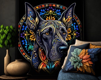 Puede incluir: Una ilustración en blanco y negro de la cabeza de un perro con patrones florales coloridos. La cabeza del perro está rodeada por un diseño circular de mandala con colores azul, verde, amarillo y naranja.