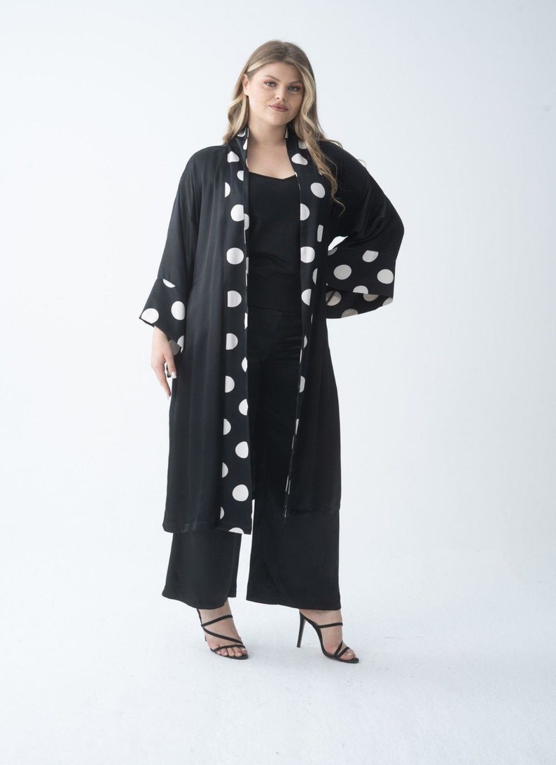 Long Length Satin Kimono Robe, Black and White Polka Dot Leaves Print