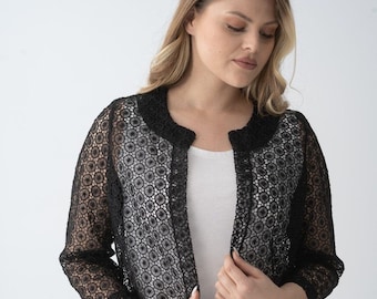 Black Lace Bolero Jacket, Stylish Cardigan Style Jacket in Black With Lace And Tiny Flowers, Gothic Lace Jacket.