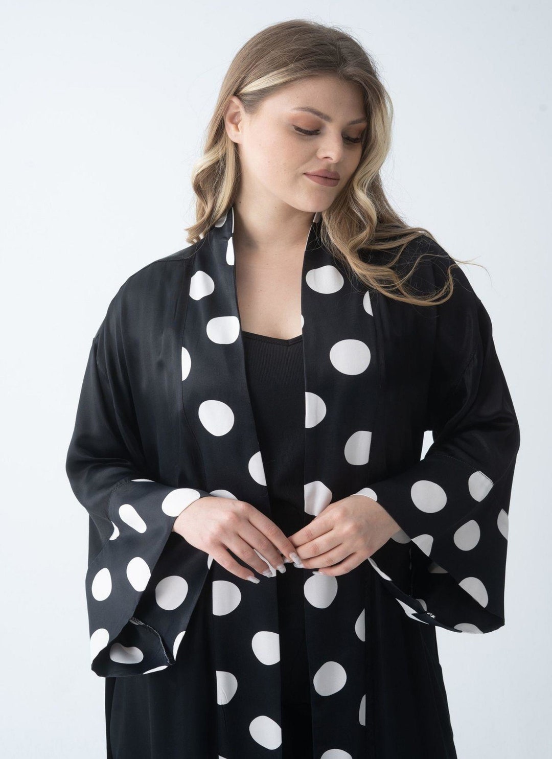 Long Length Satin Kimono Robe, Black and White Polka Dot Leaves Print