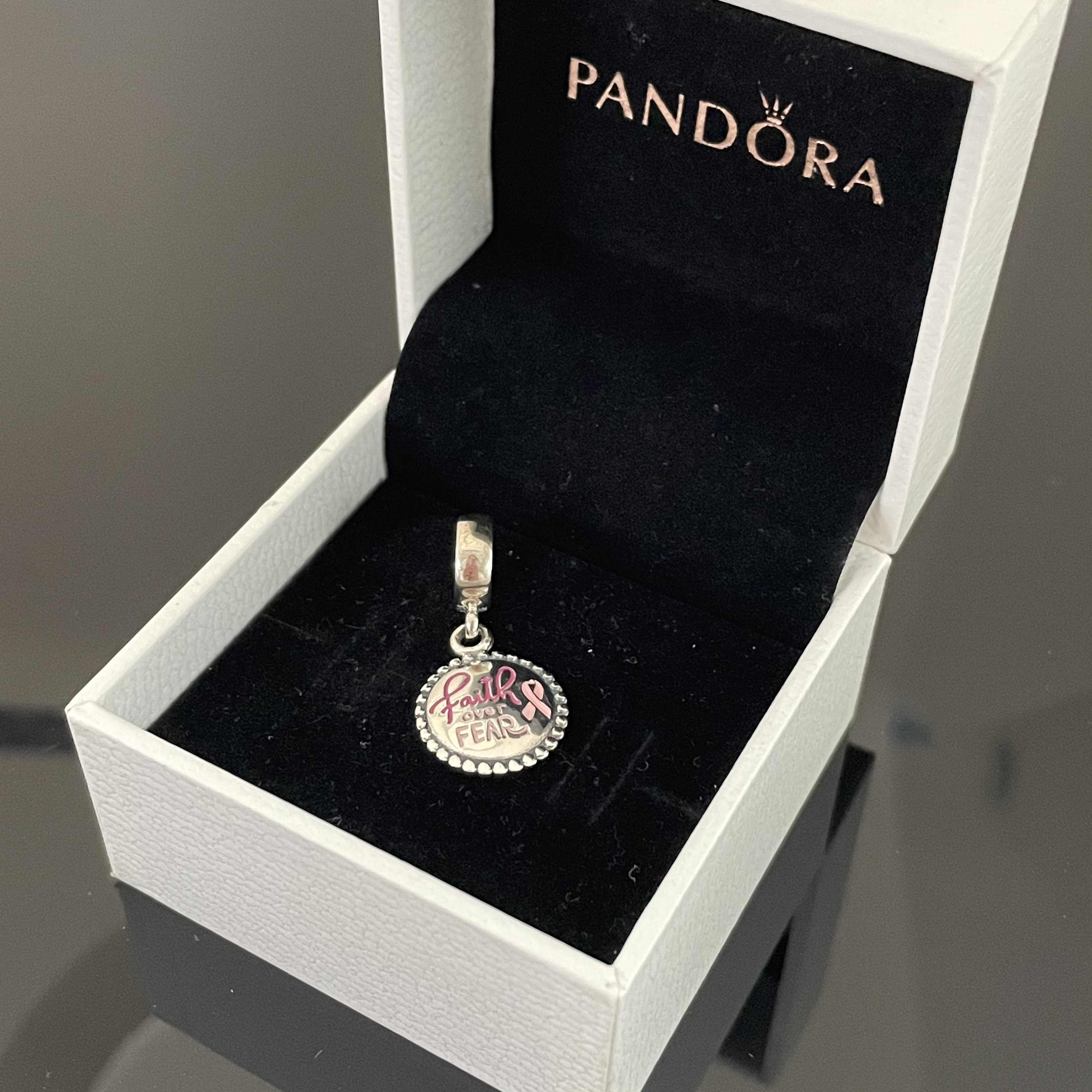 Pandora Faith Over Fear Pink Ribbon Dangle Charms 925 Jewelry