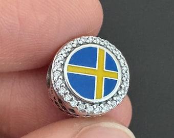 Pandora SWEDEN Flag Bead Charm|925 Sterling Silver Charm|Charm for Pandora Bracelet and Necklace|Gift for Her|Travel Charm