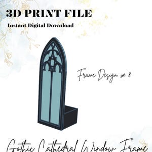 Puede incluir: Gráfico de descarga digital con un diseño de marco de ventana de catedral gótica. La imagen incluye el texto "3D PRINT FILE" y "Instant Digital Download". El marco es negro con un interior azul claro.