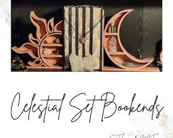 Bokstöd med sol och måne i STL-format | 3D-utskriven bokhylledekoration med förvaring | Digital nedladdning av Celestial Gothic Home Decor