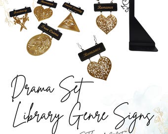 Hanging Library Genre Sign 3D Print File- DRAMA Set | Home Library Book Divider | Shelf Hanging Genre Label with Icons & Frame STL