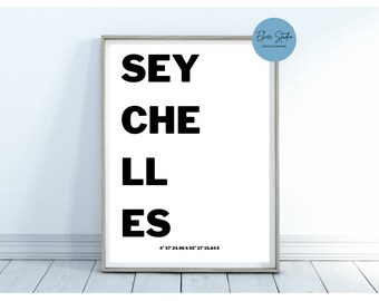 Seychelles travel poster with coordinates, travel picture, white and black