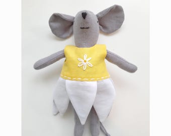 Mouse soft toy with daisy dress PDF download sewing pattern