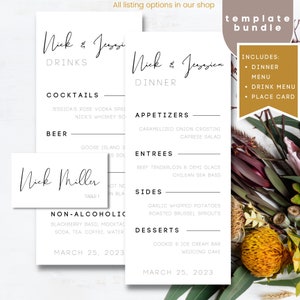 TEMPLATE BUNDLE: Dinner Menu Template, Drink Menu Template, Place Card Template for Weddings or Dinner Parties (Fully Customizable template)