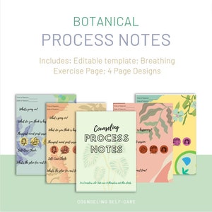 Könnte beinhalten: Vier druckbare Seiten mit botanischen Illustrationen und dem Text "Counseling Process Notes" und "Für Berater, die sich selbst und ihre Klienten kümmern". Die Seiten sind für den Einsatz in Beratungssitzungen konzipiert und beinhalten Aufforderungen zur Reflexion und Selbstfürsorge.