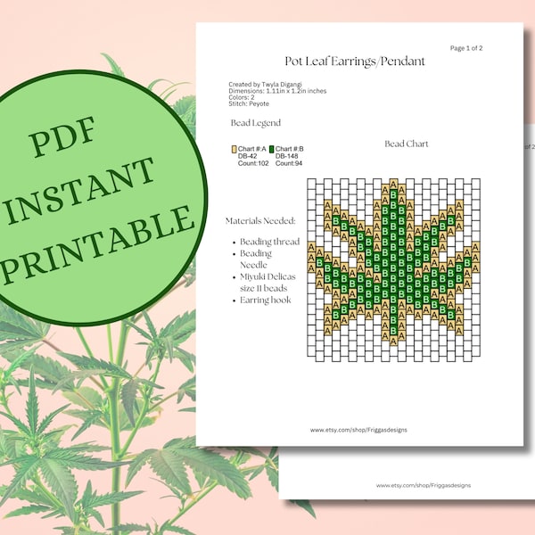 Pot Leaf Earring Brick Stitch or Peyote Pattern Instant download PDF pattern