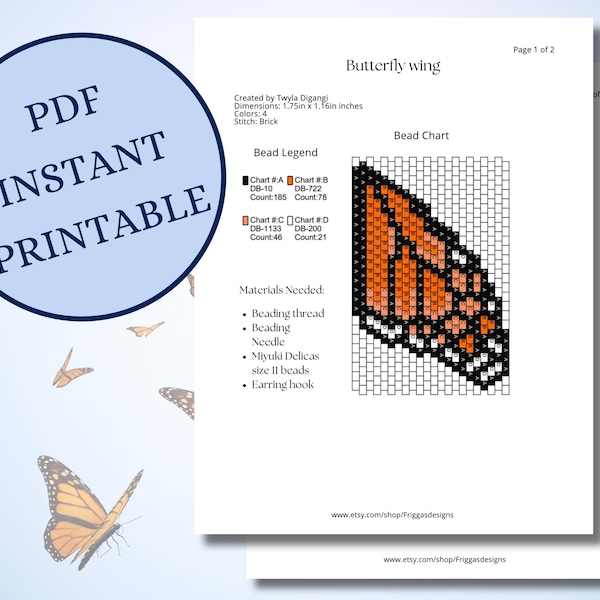 Butterfly Wings Earring Pattern Brick Stitch instant download PDF Monarch Butterfly DIY Earring printable