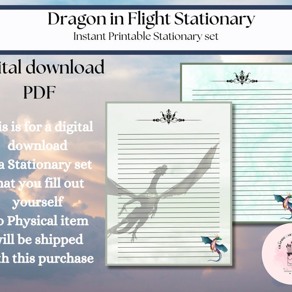 Dragon in Flight Printable Stationary, Nature Art, Letter Writing Paper, Stationary Set, Lined Paper, unlined paper, Journal Paper